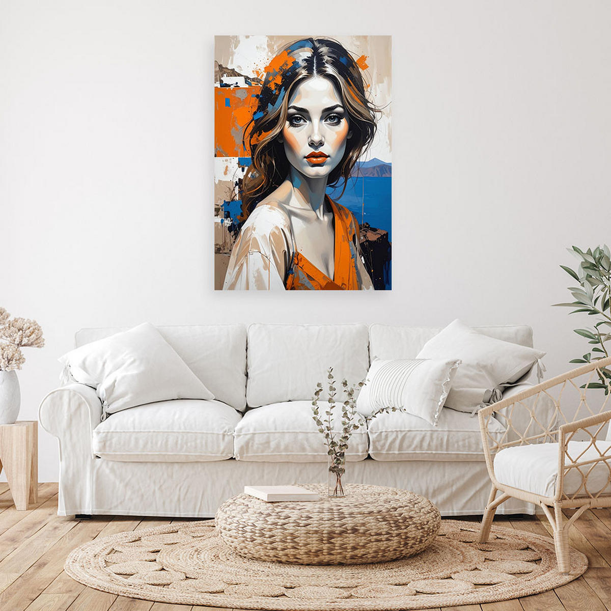 BILD auf Leinwand, Frauenporträt mit markanten Akzenten in Orange und Blau - Multicolor, Textil (20/30cm) - Feeby