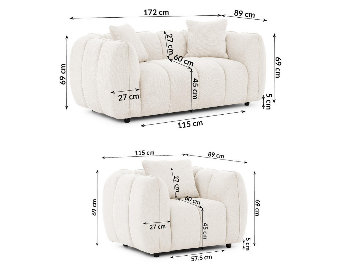 SITZGARNITUR 2+1 Nubira in tief gesteppter Bubble-Optik aus weichem Creme Strukturstoff im modernen Design - Creme/Schwarz, Holz/Kunststoff (172/69/89cm) - S-Style Möbel