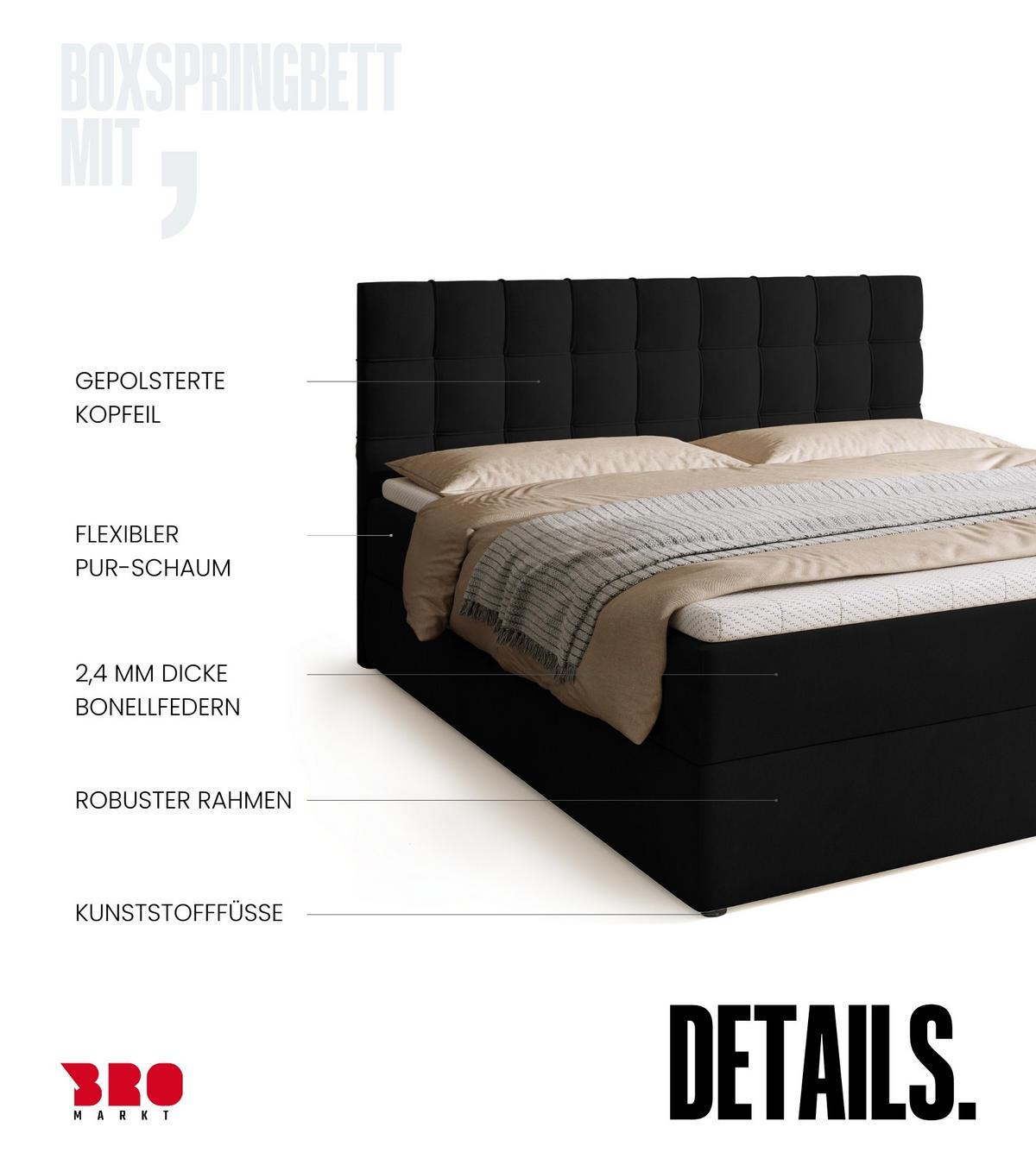 BOXBETT Detroit mit Topper 180/200 Schwarz - Schwarz, Holzwerkstoff/Textil (180/200cm) - Bromarkt