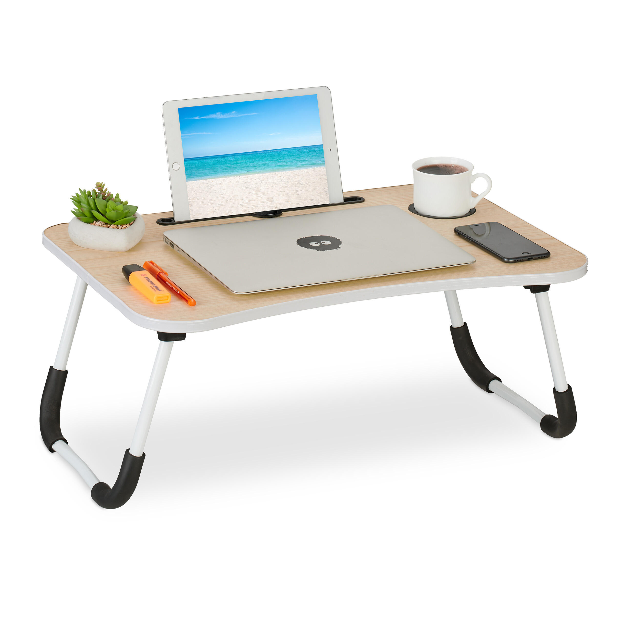LAPTOPTISCH Natur Weiß Schwarz klappbar Getränkehalter - Multicolor, Holzwerkstoff/Kunststoff (40/63/26cm) - Relaxdays