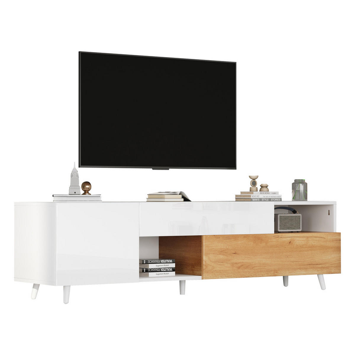 TV-SCHRANK 180x38cm Lowboard Hochglanz 1 Schublade 7 Fächer bis 75 Zoll - Weiß, Holz (52.98/22.99/56.01cm) - FLIEKS
