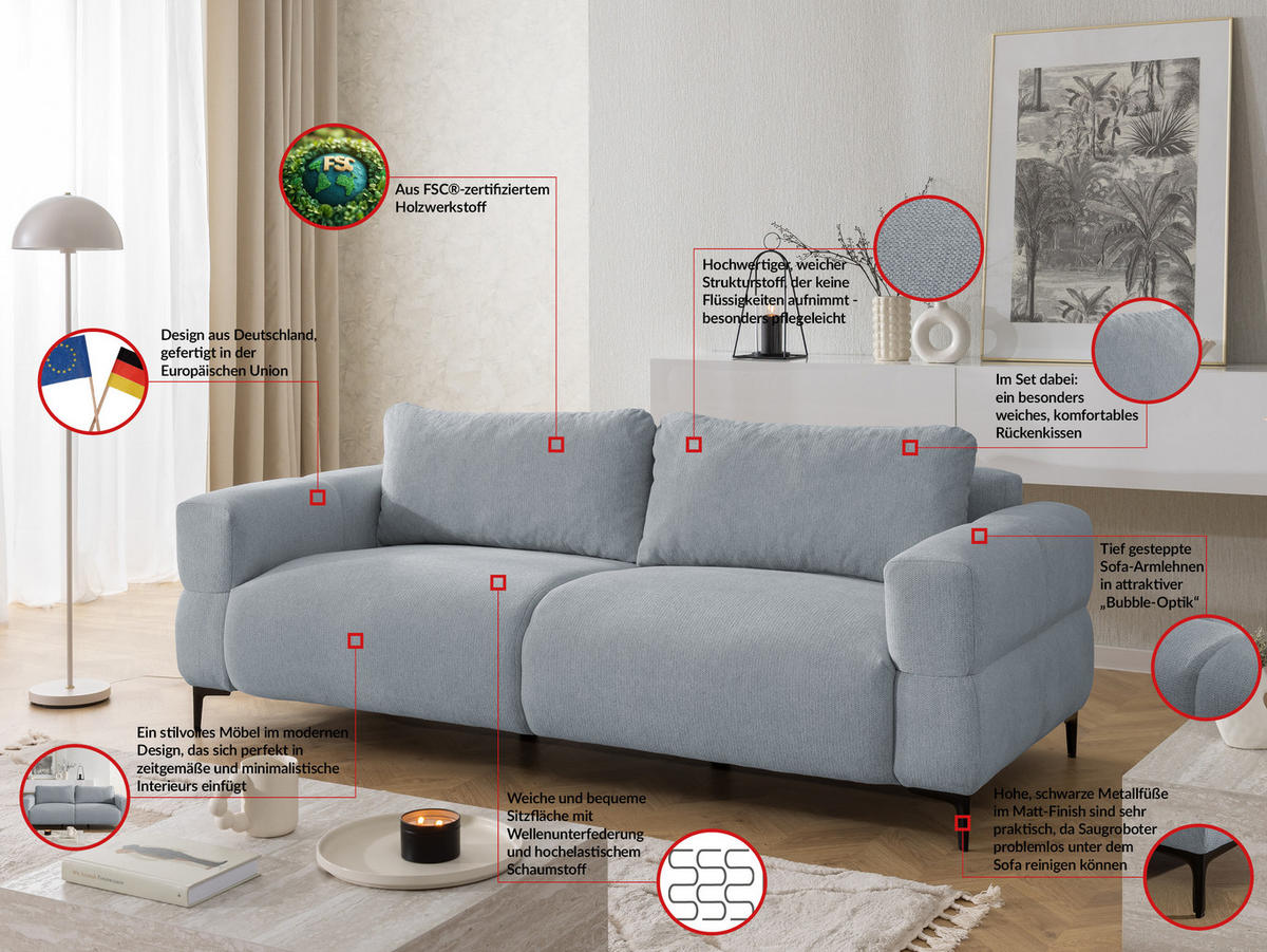 SITZGARNITUR 3+2+1 Cardea in Bubble-Optik aus weichem Grau Strukturstoff mit hohem Sitzkomfort - Schwarz/Grau, Holz/Textil (217/80/97cm) - S-Style Möbel