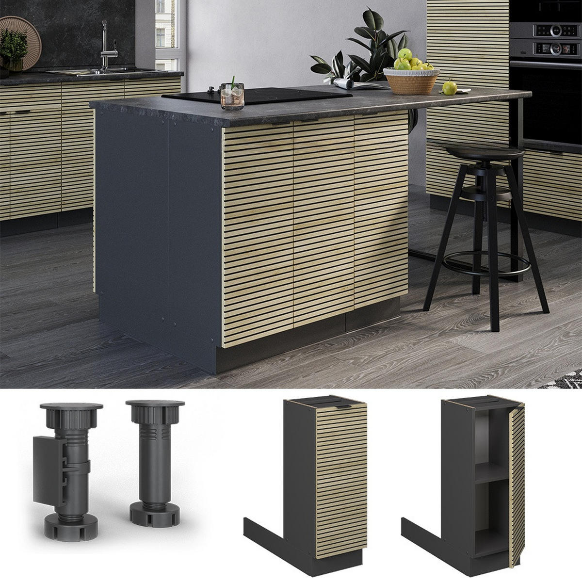 KÜCHENINSEL Fame-Line Eiche Paneel 30 cm ohne Arbeitsplatte - Eichefarben/Anthrazit, Holzwerkstoff (30/82/70cm) - Vicco