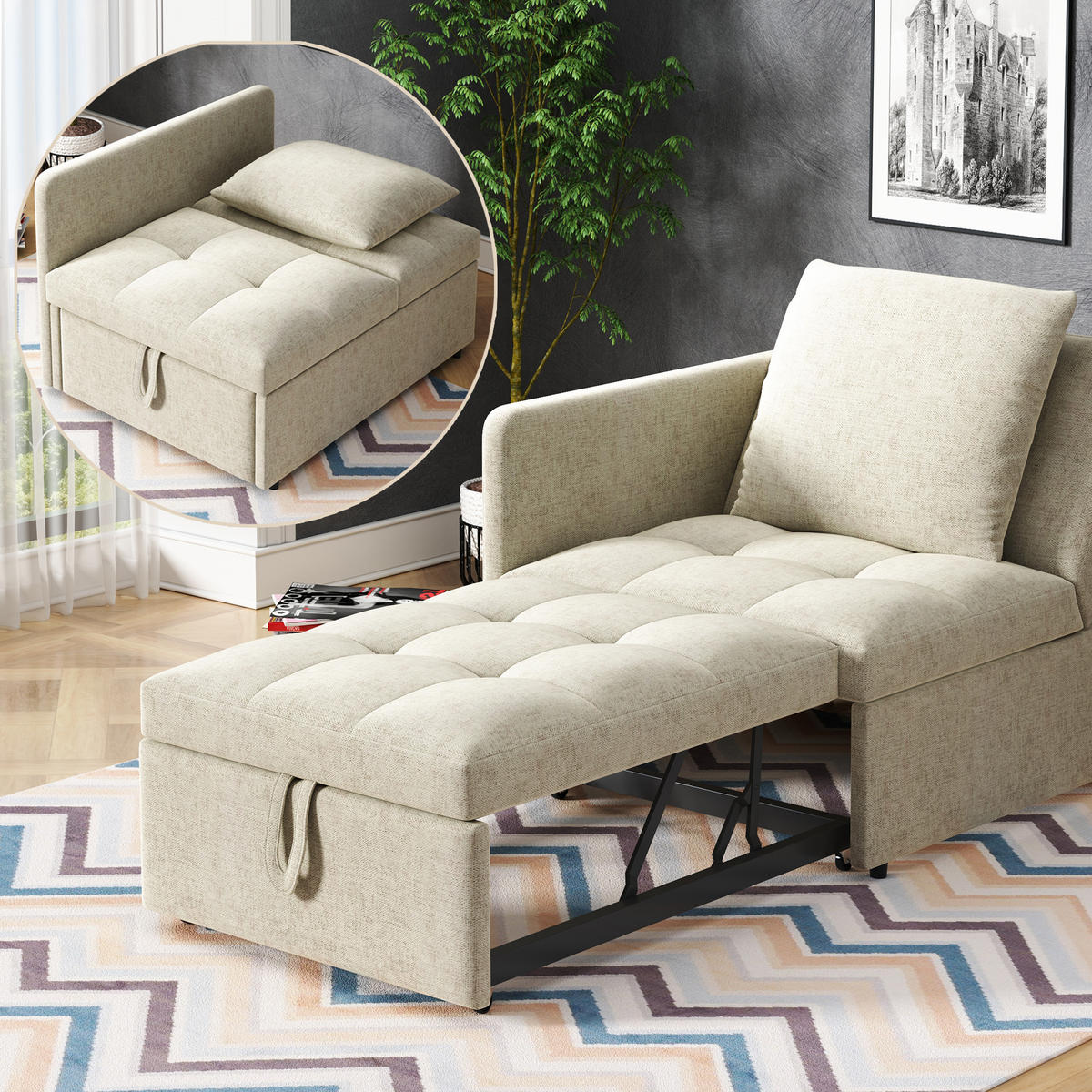 SCHLAFSOFA 177/68/65 cm Beige mit Verstellbare Rückenlehne - Beige, Textil (177/65/68cm) - Oxeza