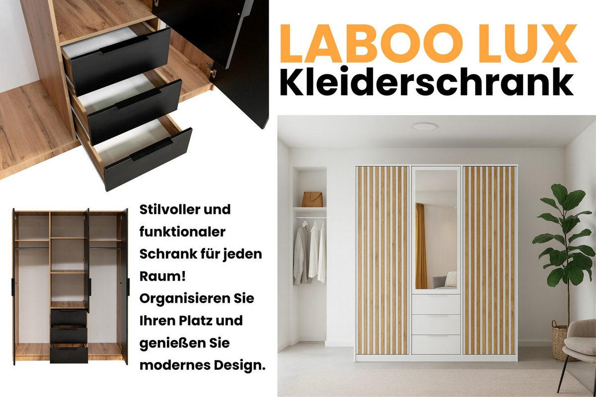 DREHTÜRENSCHRANK LABOO LUX 149/200/58 cm in Weiß mit Lamellen - Weiß, Holzwerkstoff (149/200/58cm) - Deine Möbel 24