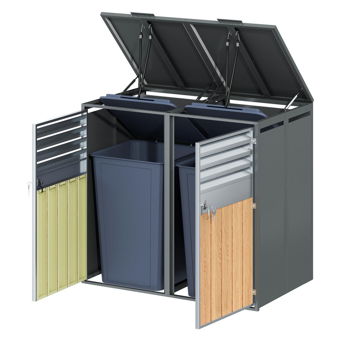 MÜLLTONNENBOX Klappdeckel 2 Türen Lamellen Lüftung - Grau, Metall (132/118.5/80cm) - LEBENLANG