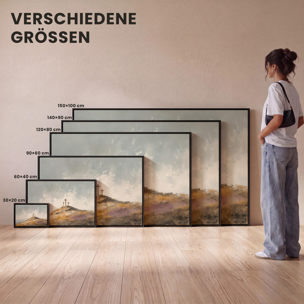 LEINWAND Bilder mit Rahmen - Hügel - Abstrakt - Christentum - Kreuz - 120x80 - Hellgrau, Textil (120/80cm) - MuchoWow