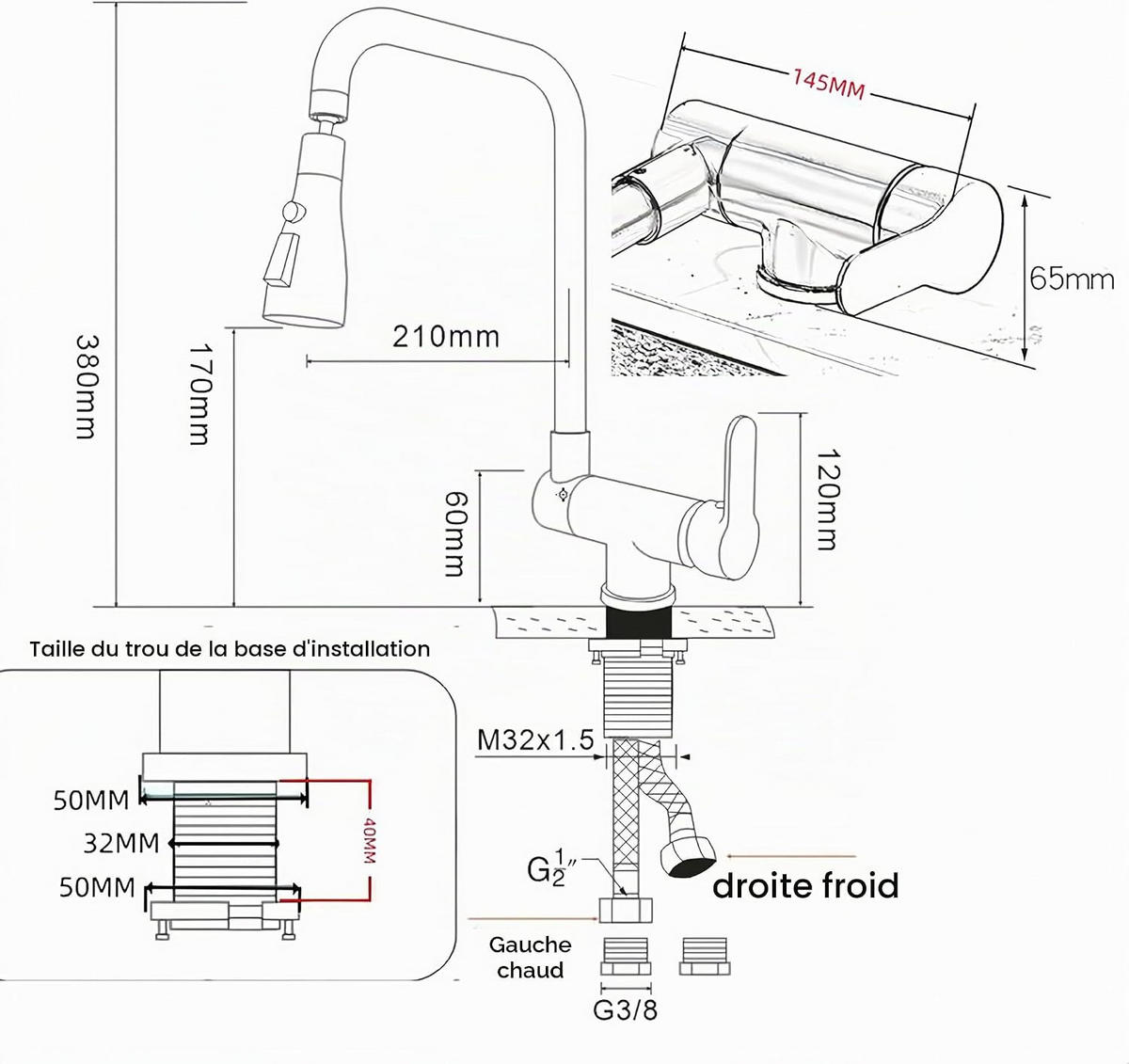 KÜCHENARMATUR klappbar für Vorfenstermontage, 4 Strahlarten, 304 Edelstahl gebürstet - Silberfarben, Metall (14.5/38/21cm) - TVTIUO