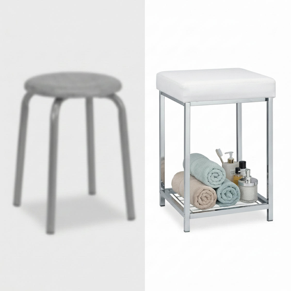 HOCKER Weiß Chrom Kunstleder gepolstert mit Ablage - Multicolor, Kunststoff/Metall (33/47/33cm) - Relaxdays