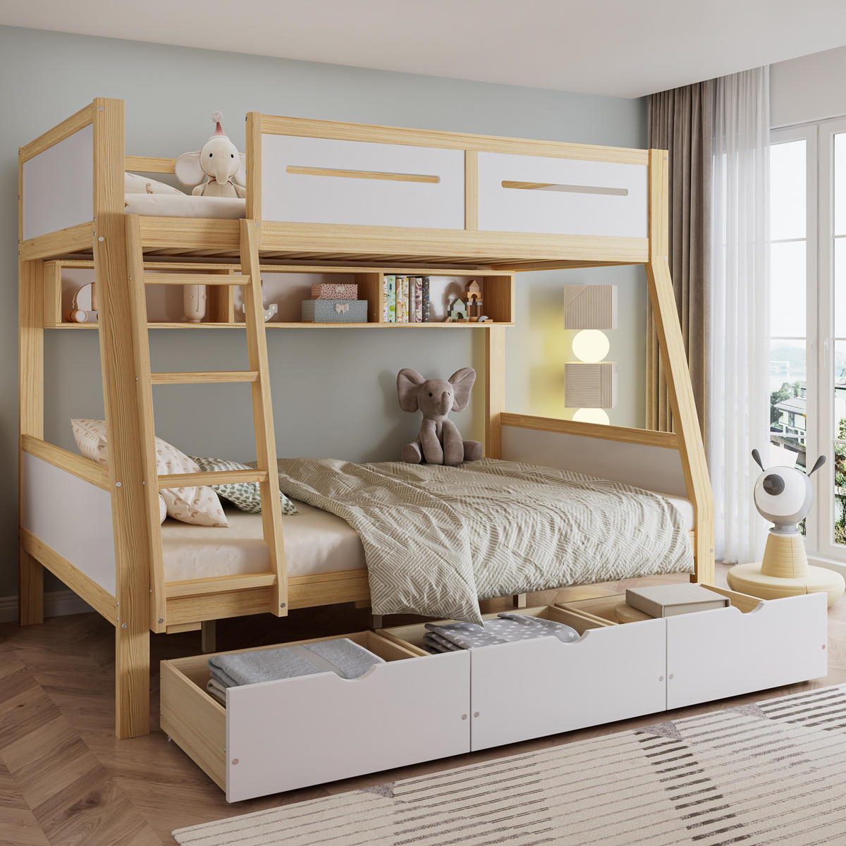 ETAGENBETT 90/200 cm & 120/200 cm in Weiß & Natur mit 3 Schubladen, Bücherregal und Trittleiter - Weiß/Naturfarben, Holz/Holzwerkstoff (90/200cm) - CHICFURN