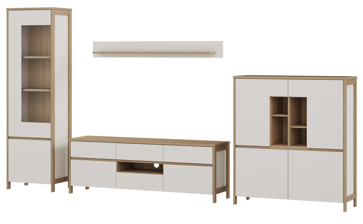 WOHNWAND weiß, Eiche 4-teilig 360 cm, Wohnkombination skandinavisch mit Soft-Close, Finnes - Eichefarben/Weiß, Holzwerkstoff/Metall (363/195/39cm) - Furn.Design