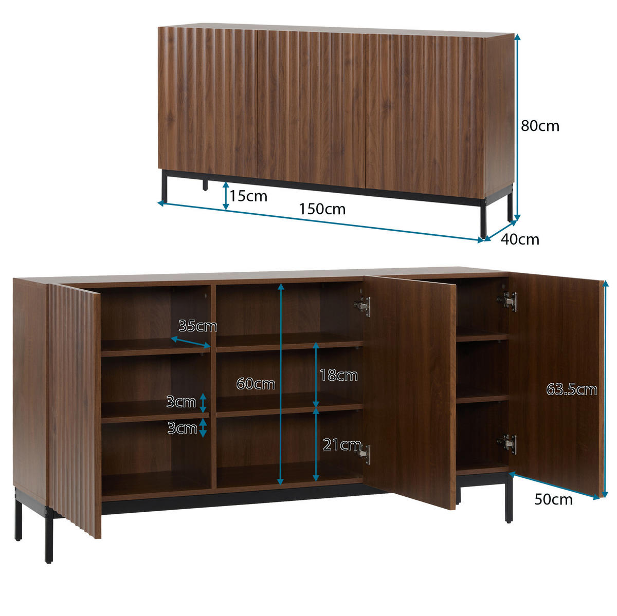 KOMODA z MDF 150x40x80 cm tmavě hnědá s vlnitým 3D designem, nastavitelnými policemi a ochranou proti převrácení - tmavě hnědá, kompozitní dřevo (150/80/40cm) - Modfu