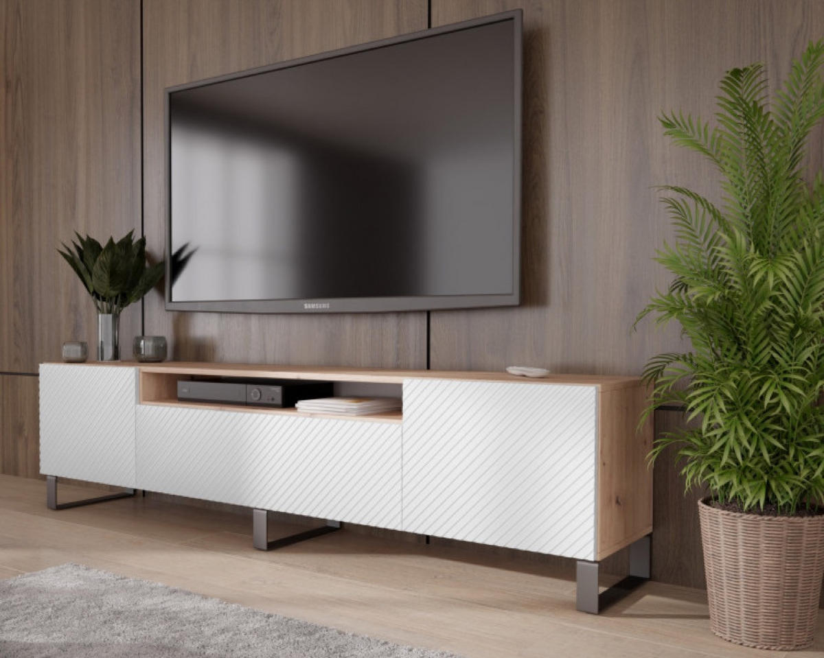 TV-SCHRANK Weiß Nikol Frezierte Fronten Metallbeine 200 cm - Weiß/Eiche Artisan, Holzwerkstoff (200/53/41cm) - Sepro Meble