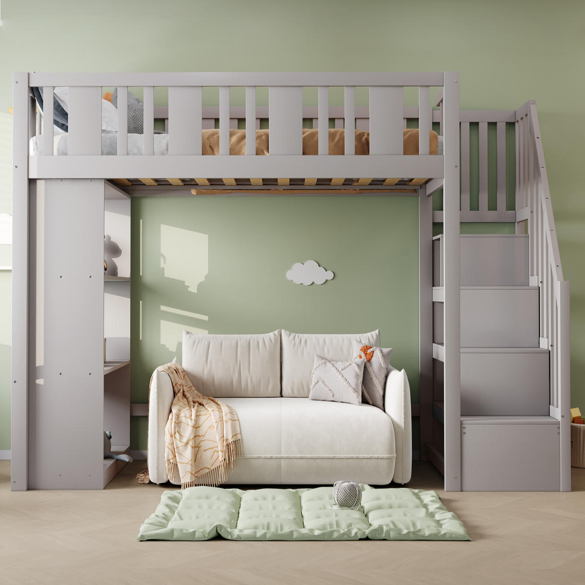 HOCHBETT aus Kiefernholz 90x200 cm in Grau mit Stauraumtreppe und Fächern - Grau, Holz (90/200cm) - Modfu