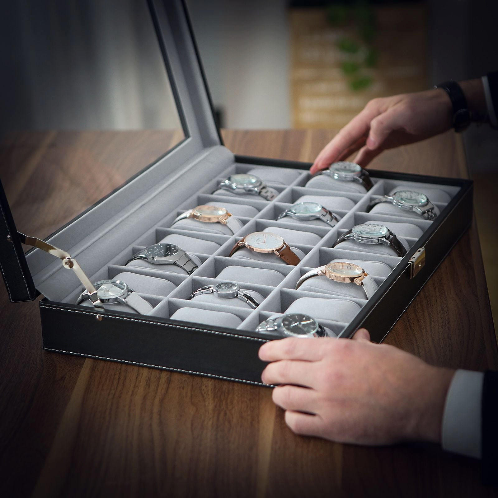 UHRENBOX FÜR 24 UHREN - Schwarz, Holzwerkstoff (29.5/43.5cm) - Hansiro