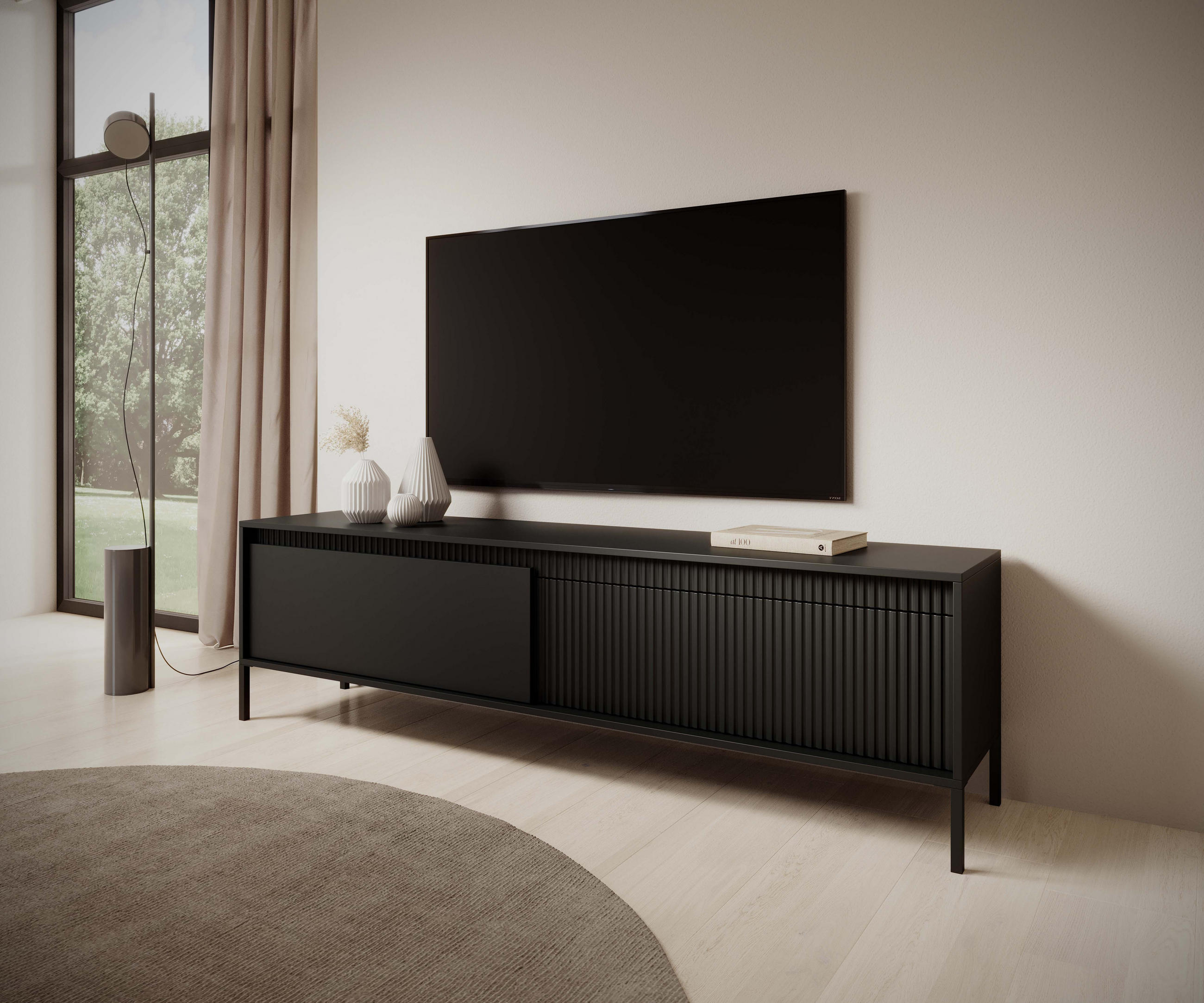 TV LOWBOARD SENSO, Geriffelte MDF-Fronten, Push-to-Open, Metallbeine, 40x188x54 cm, Schwarz - Schwarz, Holz/Holzwerkstoff (188/54/40cm) - DomoHome