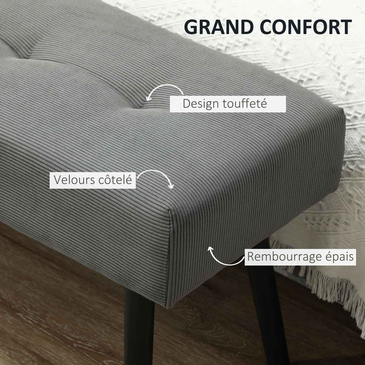 HOCKERBANK DE-12892 gepolstert, Velours und Stahlfüße Grau - Grau, Textil (36/45/100cm) - ComfortXL