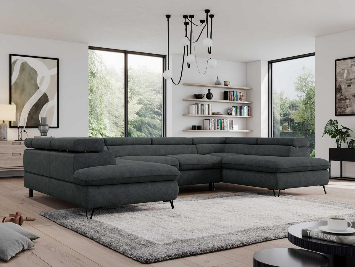 WOHNLANDSCHAFT PEDRO U Struktur Dunkelgrau - Dunkelgrau/Schwarz, Textil/Metall (346/76/208cm) - MKS