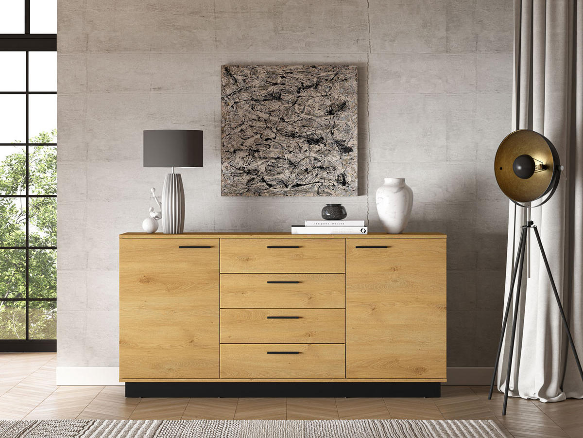 KOMMODE Modesto Eiche Style hell / Schwarz 170 / 40 / 86 cm - Eichefarben/Schwarz, Holz/Holzwerkstoff (170/86/40cm) - Feldmann-Wohnen