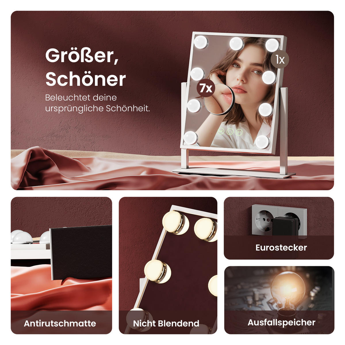 KOSMETIKSPIEGEL Rechteckiger mit Beleuchtung, Weiß, 30/25 cm - Weiß, Glas (25/8.5/30cm) - EMKE