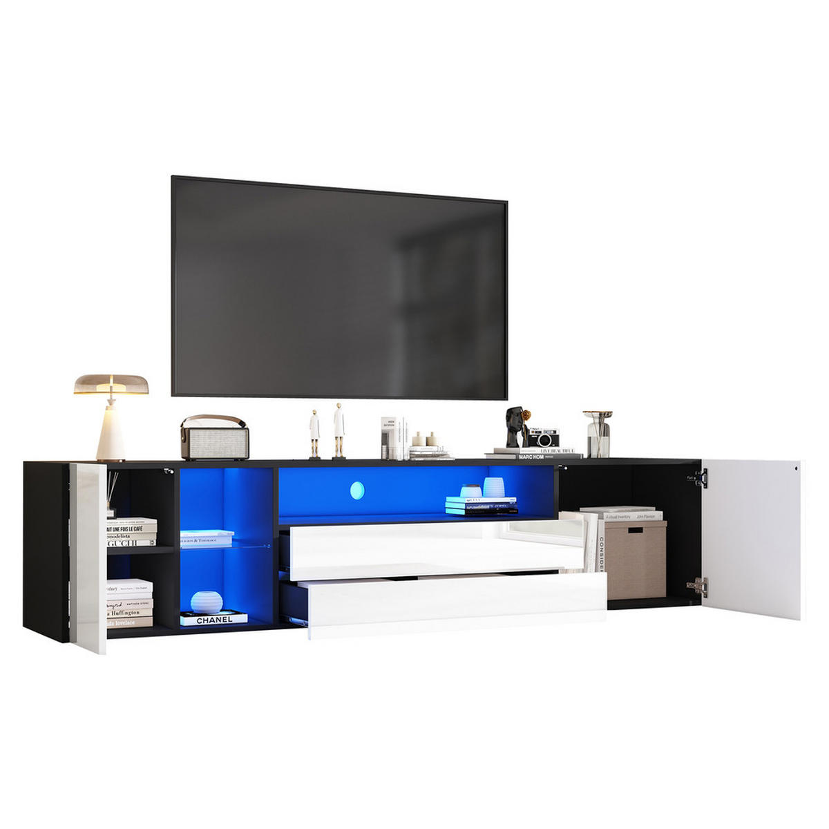 TV-SCHRANK 180x40cm Hochglanz Lowboard LED 2 Schubladen 2 Schränke Schwarz-Weiß - Weiß, Holz (52.76/21.51/59.16cm) - FLIEKS