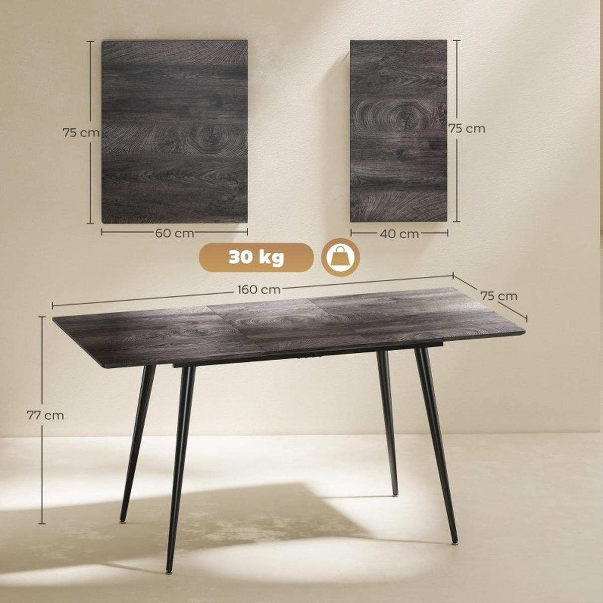 ESSTISCH 120-160/75/77 cm ausziehbar mit Erweiterungsplatte, Stahlgestell und Holzoptik, Grau - Grau, Holz (160/75/77cm) - Redom