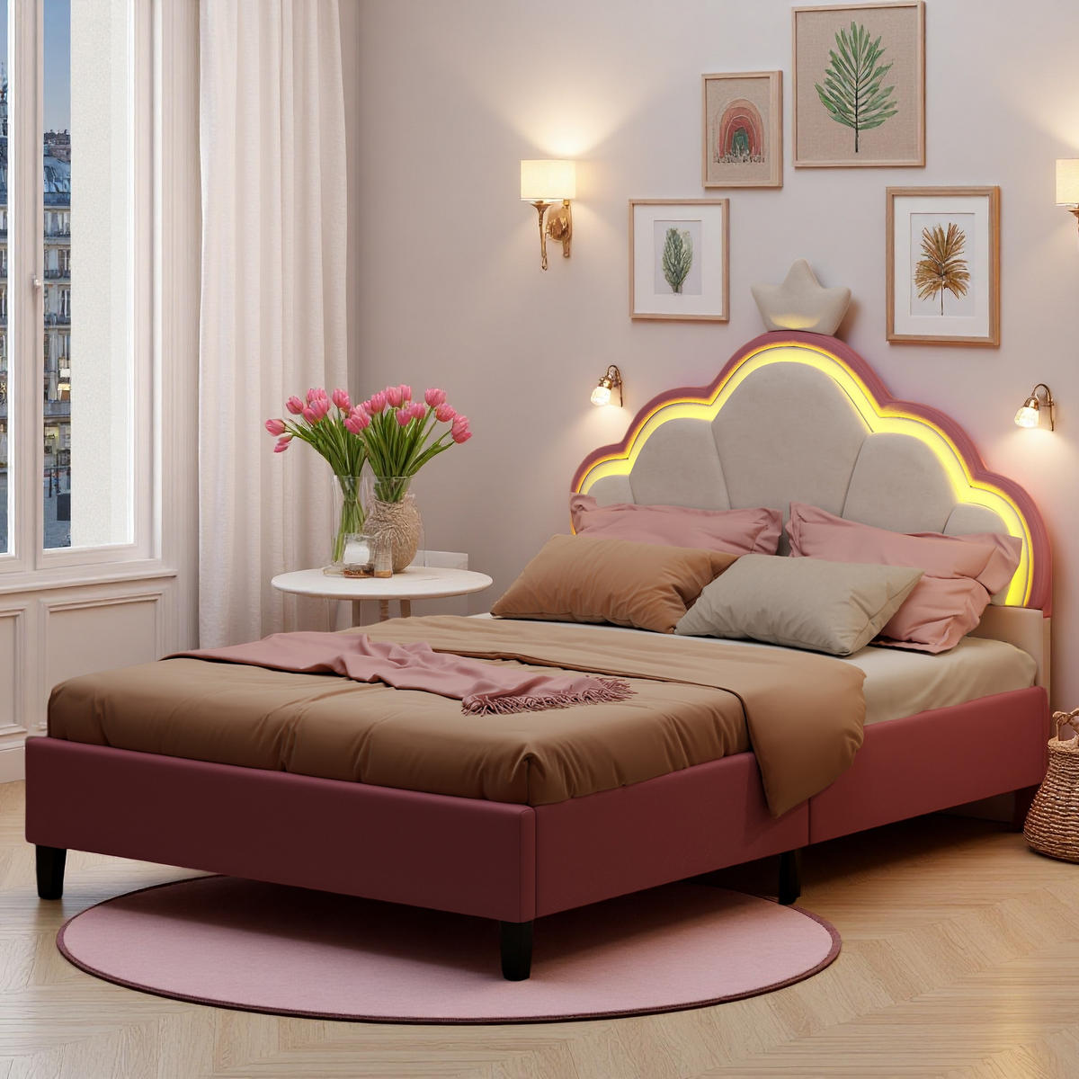 POLSTERBETT 140x200 cm Pink Weiß LED Krone Verstellbar - Pink, Holz (140/200cm) - SHOPENTRA