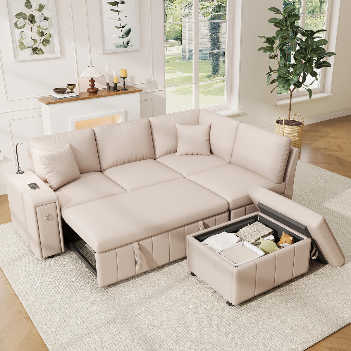 SCHLAFSOFA Beige L-Form USB Stauraum Tisch 2 Kissen - Beige, Textil (184/213cm) - FLIEKS