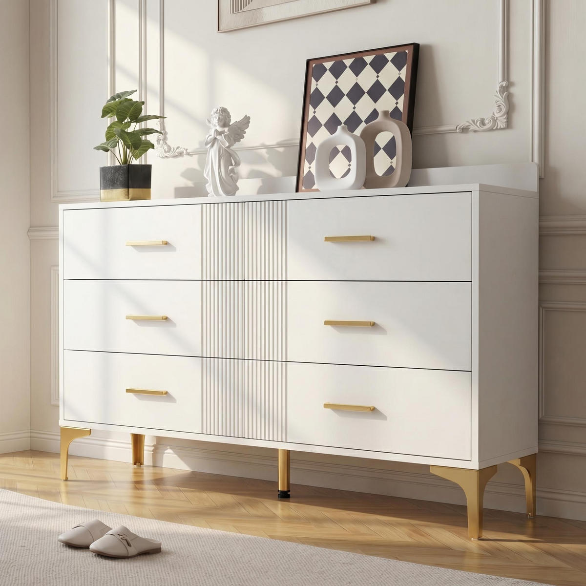 SIDEBOARD mit 6 Schubladen und Wellen Front, E1 Spanplatte Metallbeschläge modern - Goldfarben/Weiß, Holzwerkstoff/Metall (120/76/40cm) - EVRYAE
