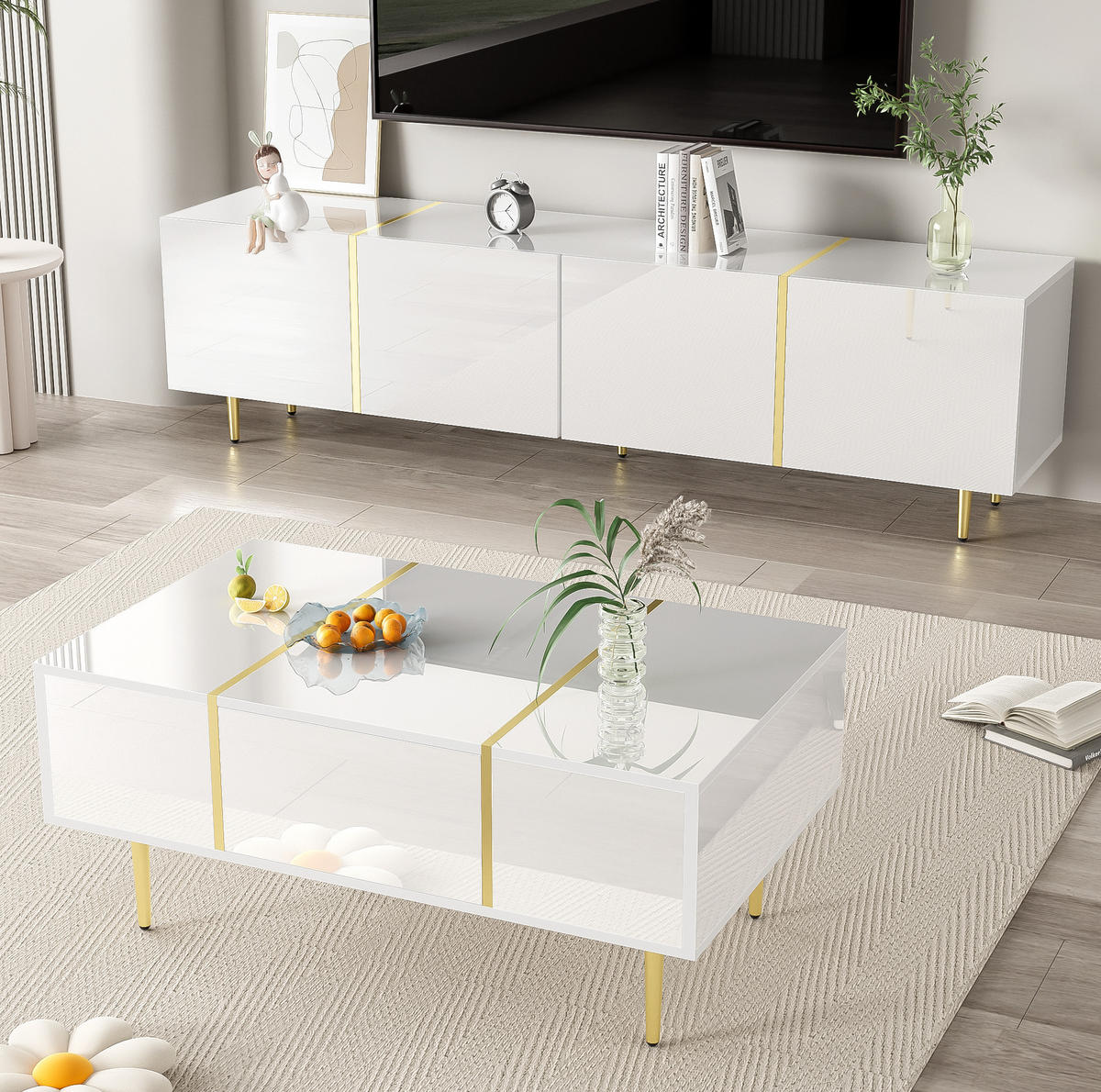 TV-ELEMENT 170/35/46 cm mit 4 Türen und Soft-Close in Weiß Hochglanz - Weiß, Holzwerkstoff (170/46/35cm) - BEAOK