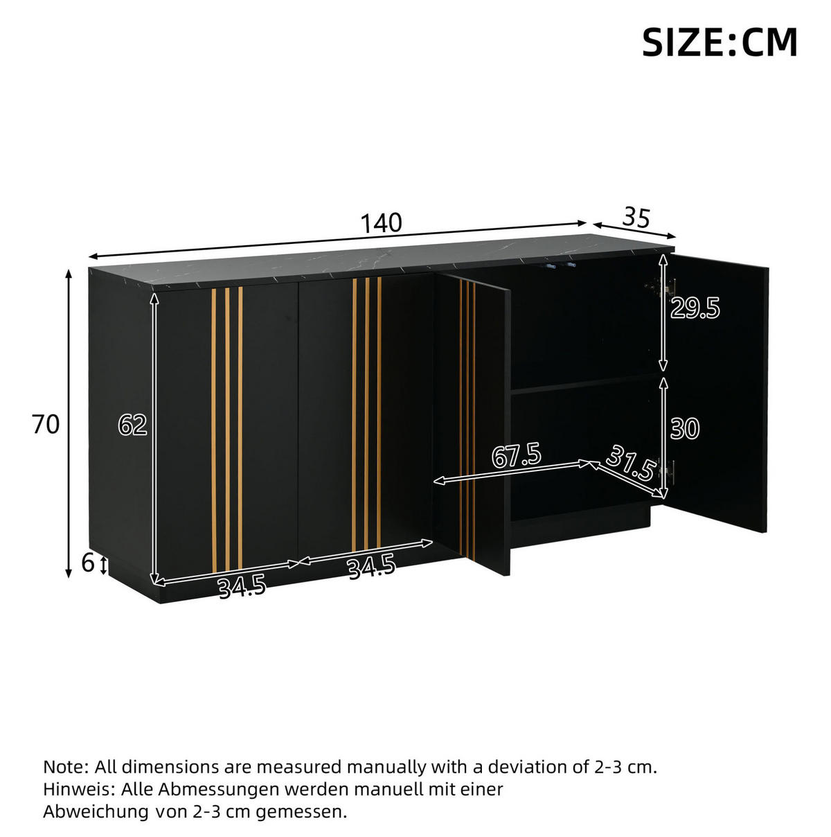 SIDEBOARD 140/35/70 cm schwarz aus Spanplatte mit 4 Türen - Schwarz, Holzwerkstoff (140/70/35cm) - OKWISH