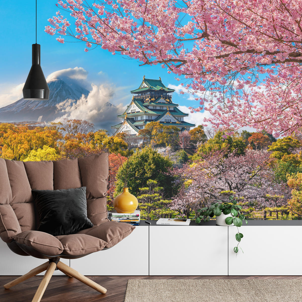 FOTOTAPETE für Wohnzimmer Kirschblüten Osaka Burg Japan Berge Bäume 200x140 - Gelb/Rosa, Papier (200/140cm) - Muralo
