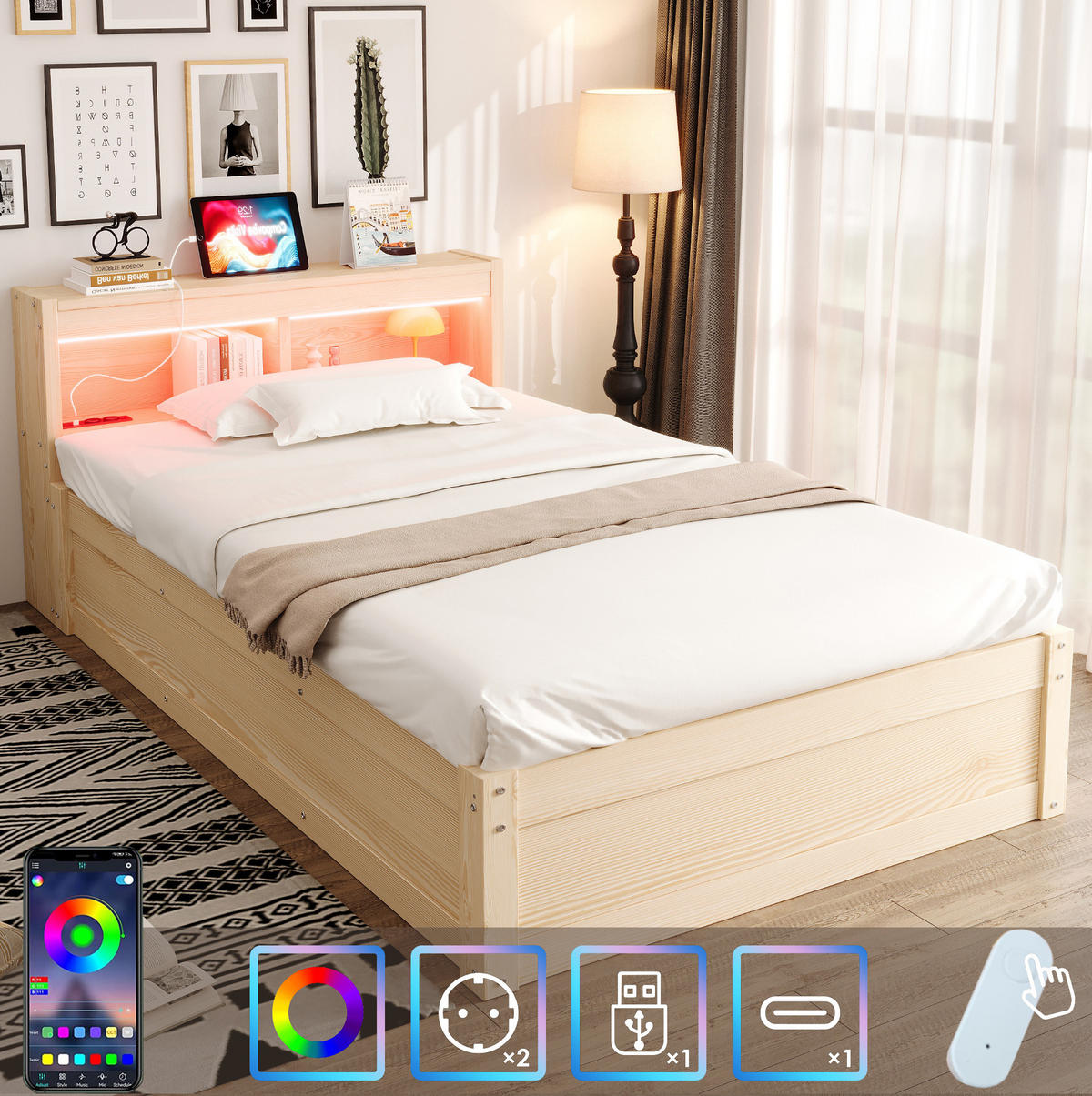BETT 90/200 cm aus MDF mit LED-Lichtleiste, Holzfarbe - Eichefarben, Holzwerkstoff (90/200cm) - OKMYHOME