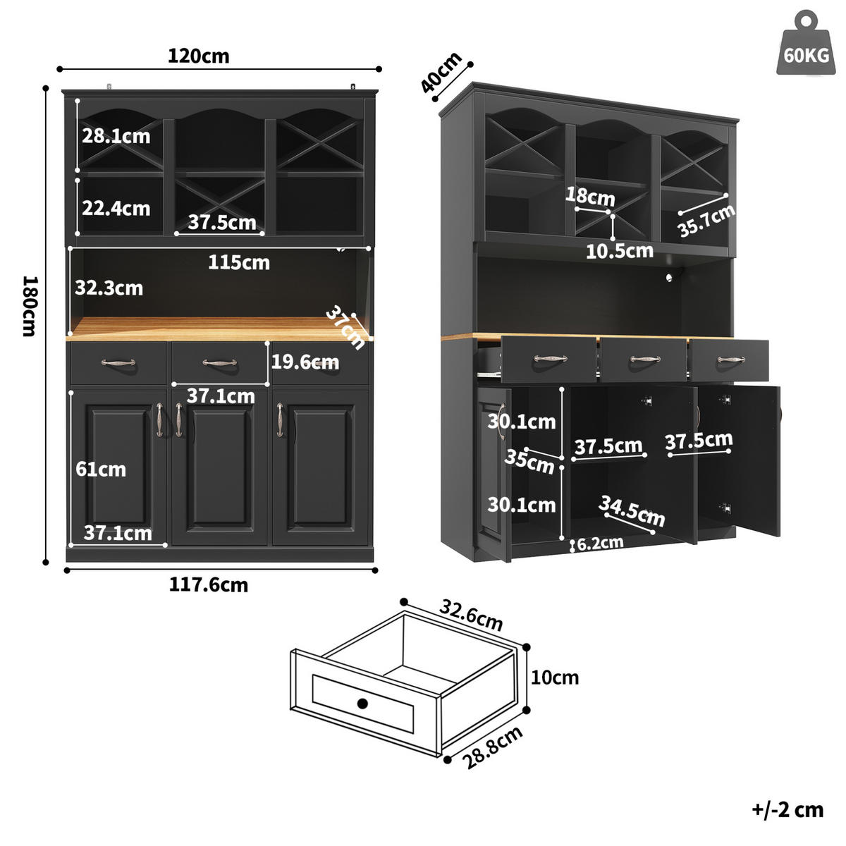 BUFFET 120/40/180 cm in Schwarz mit 3 Türen, 3 Schubladen und LED-Beleuchtung - Schwarz, Holzwerkstoff (120/180/40cm) - Flora Grace