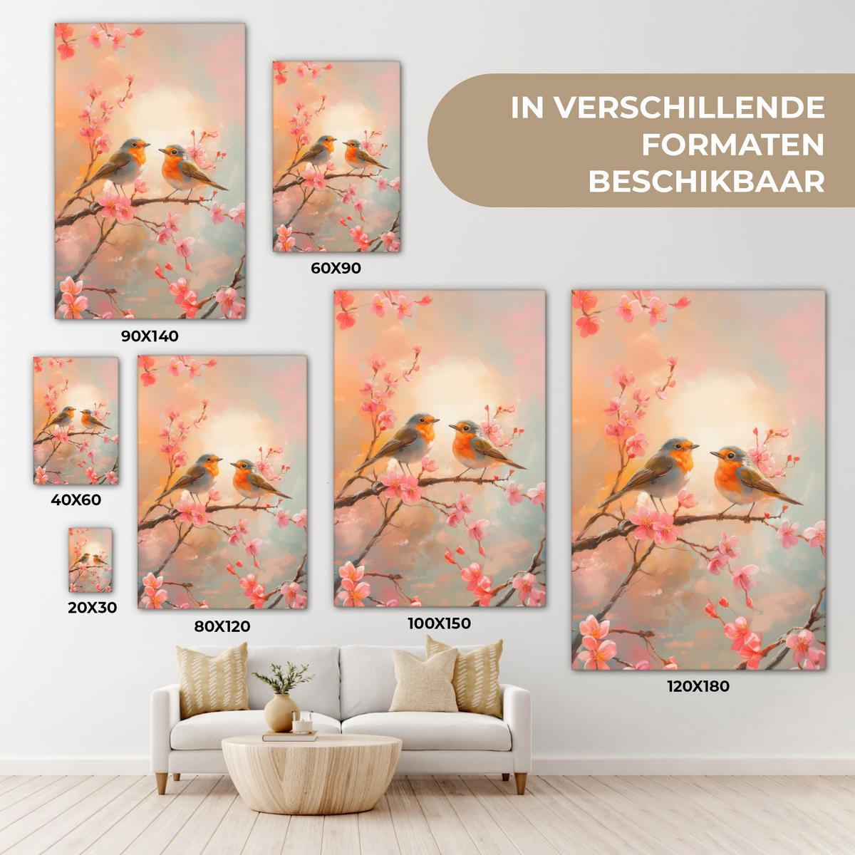 LEINWANDBILD Rotkehlchen - Zierpflanze - Blütenzweig Wanddeko 40x60 cm - Hellrosa, Textil (40/60cm) - MuchoWow