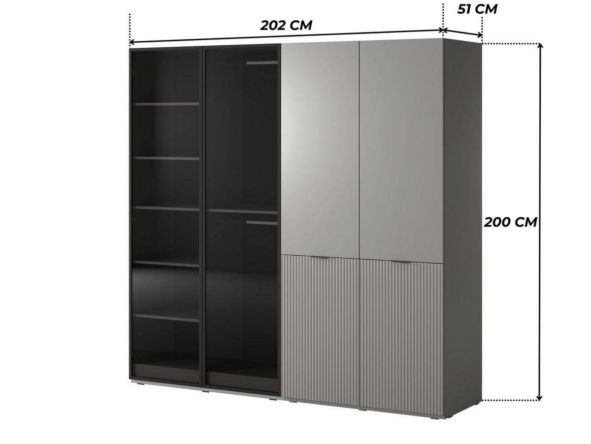 KLEIDERSCHRANK ZEN (Modular, Grau Matt, Grau & Getöntes Glas Antisol, 4-türig) - Schwarz/Grau, Holz/Holzwerkstoff (202/200/51cm) - Ravio
