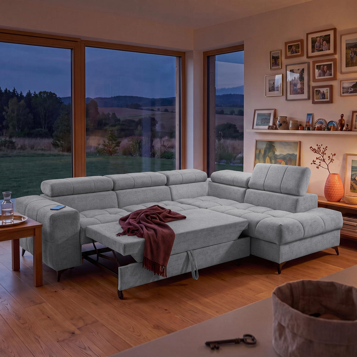 ECKSOFA PUDDING L Rechts mit Schlaffunktion 125x195 Velours Hellgrau - Hellgrau/Schwarz, Holz/Textil (275/203cm) - Muffo