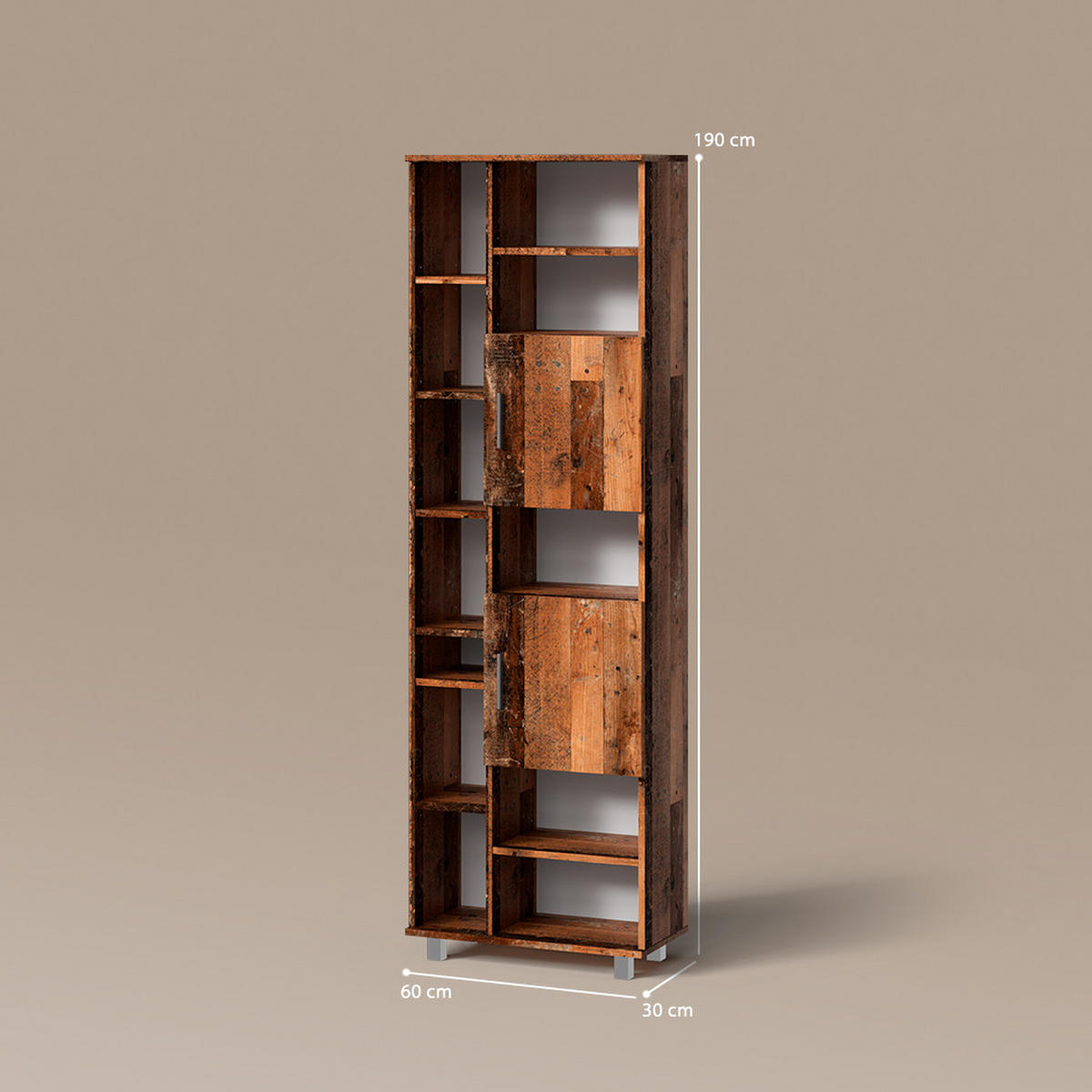 BADSCHRANK Eisak Eiche rustikal 60 x 190 cm mit Türen, und offenen Fächern - Wildeiche, Holzwerkstoff (60/190/30cm) - Livinity®