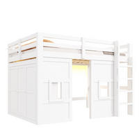 HOCHBETT 140/200 cm mit Kleiderschrank, 2 Fenstern und LED-Beleuchtung, aus Holz, Weiß - Weiß, Holzwerkstoff (140/200cm) - Redom