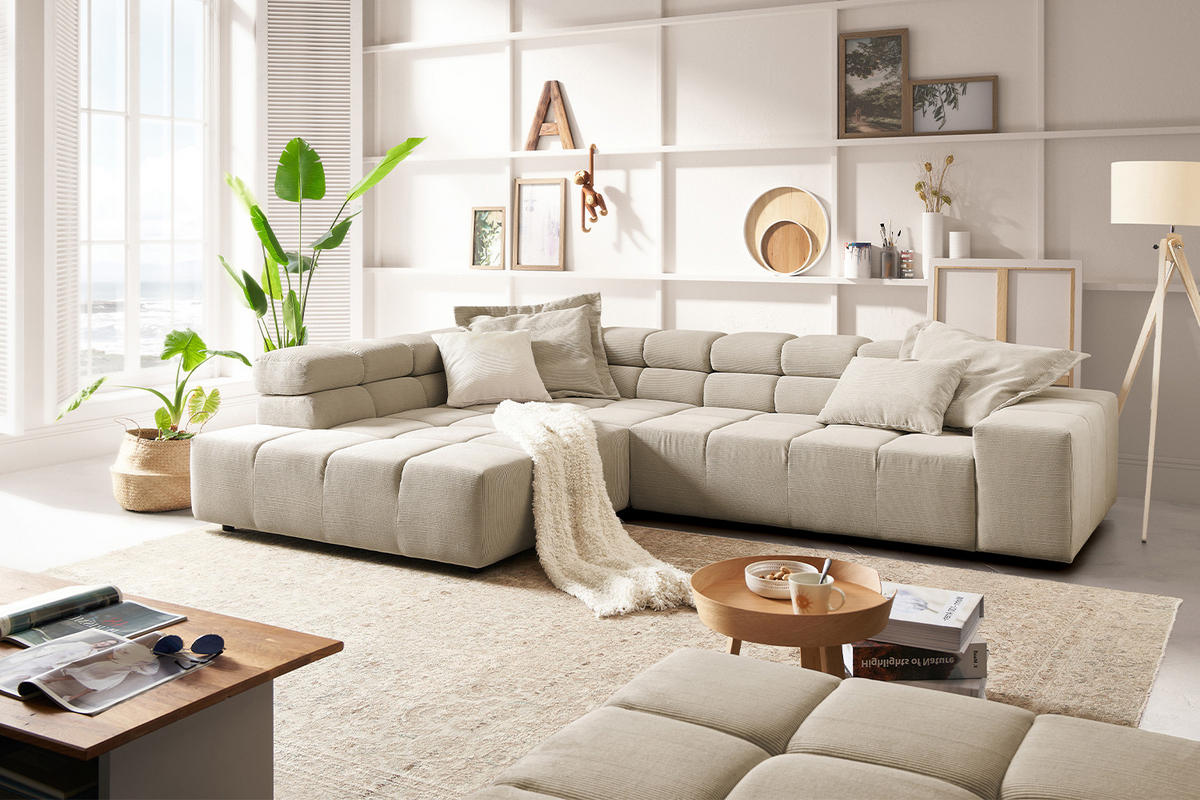 ECKSOFA MIT MOTORISCHEM SITZVORZUG NEVADA Beige Cord - Beige/Schwarz, Kunststoff/Textil (319/215cm) - KAWOLA