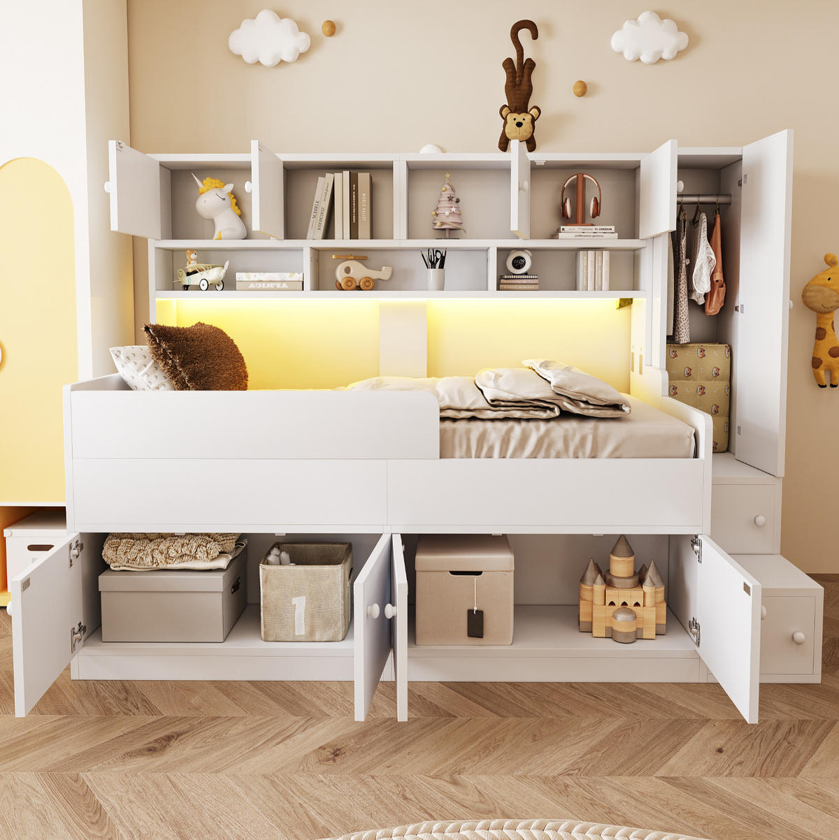 KINDEREINZELBETTEN aus Holz 90x200 cm in Weiß mit Stauraum & LED-Beleuchtung - Weiß, Holz (90/200cm) - Modfu
