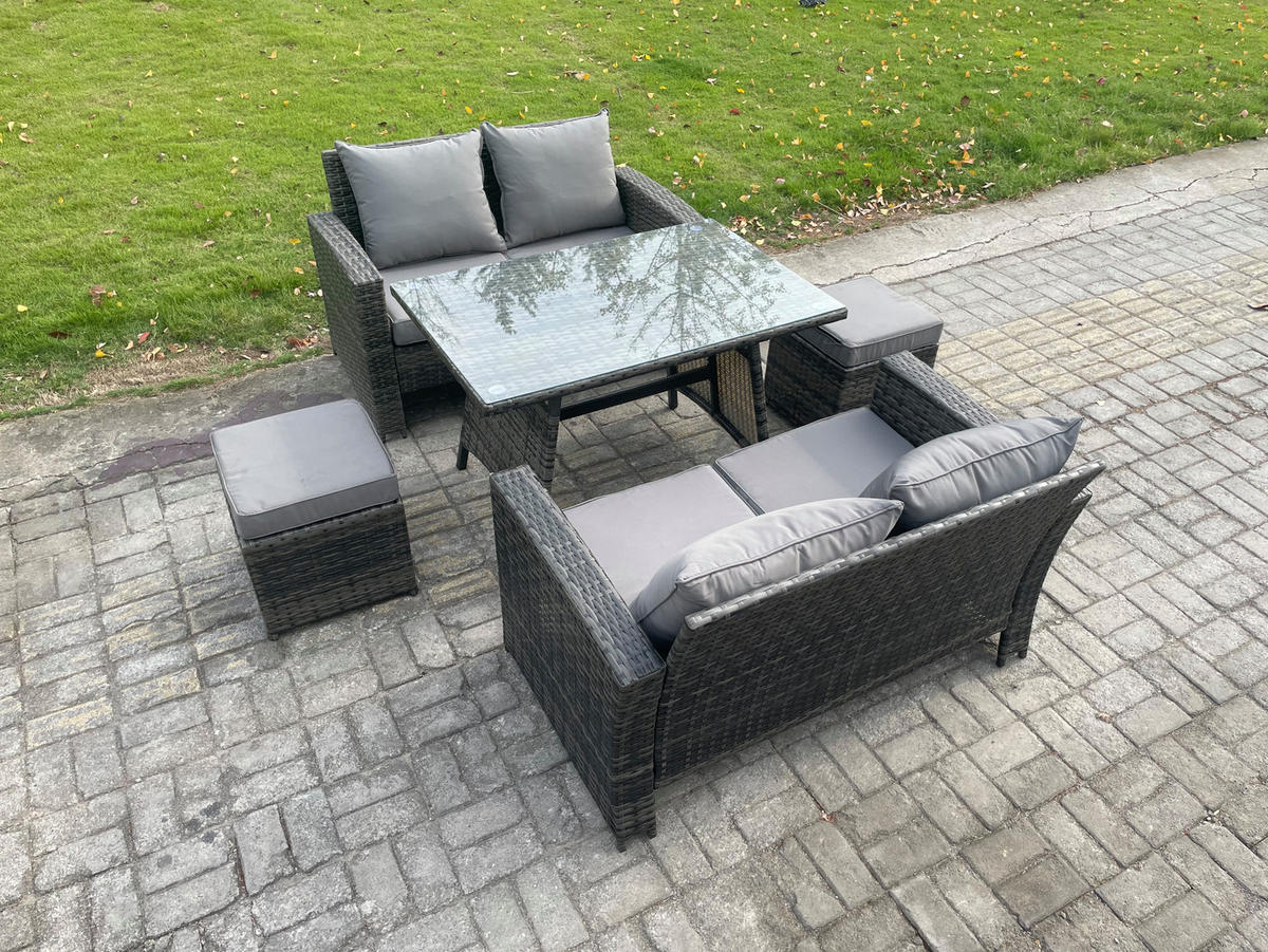 GARTENMÖBELSET mit ESSTISCH,HOCHLEHNER-SOFA Polyrattan Dunkelgrauer Mix 6-Sitzer - Dunkelgrau/Grau, Glas/Kunststoff - Fimous