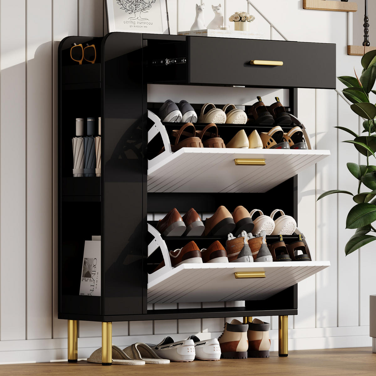 SCHUHSCHRANK Schwarz Weiß 2 Klappen 1 Schublade 80x24x105cm - Multicolor, Holzwerkstoff (24/105/80cm) - FLIEKS