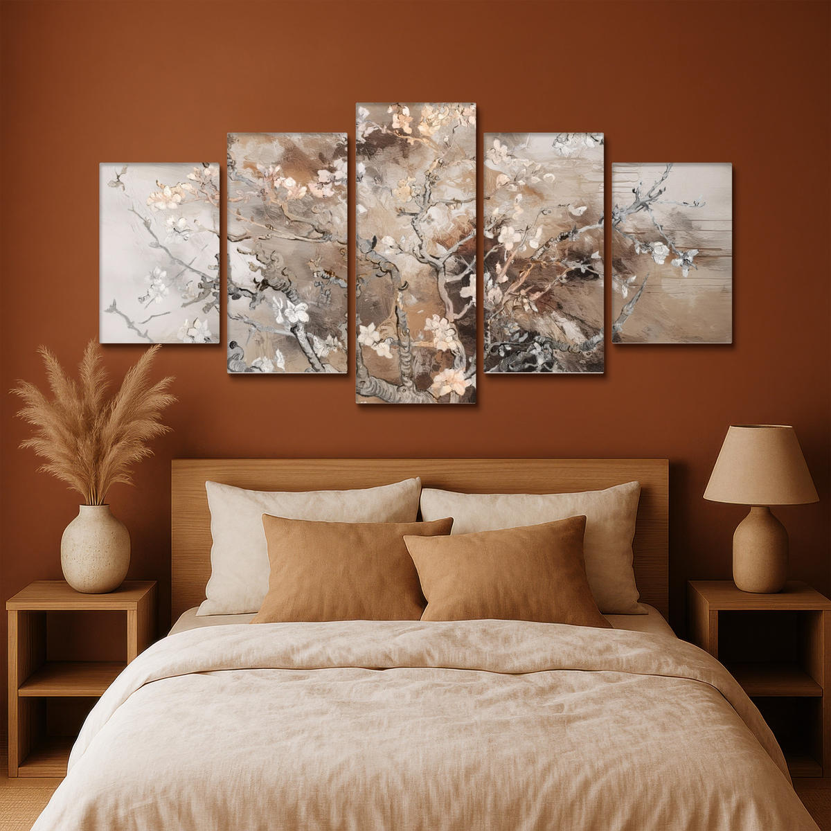 LEINWANDBILD 5er Set Mandelblüte - Abstrakt - Beige 200x100 cm - Beige, Textil (200/100cm) - MuchoWow