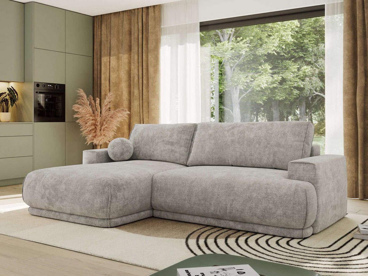 ECKSCHLAFSOFA RINA L Hellgrau Schenille grob gewebt - links - Hellgrau/Schwarz, Kunststoff/Textil (267/170cm) - MKS