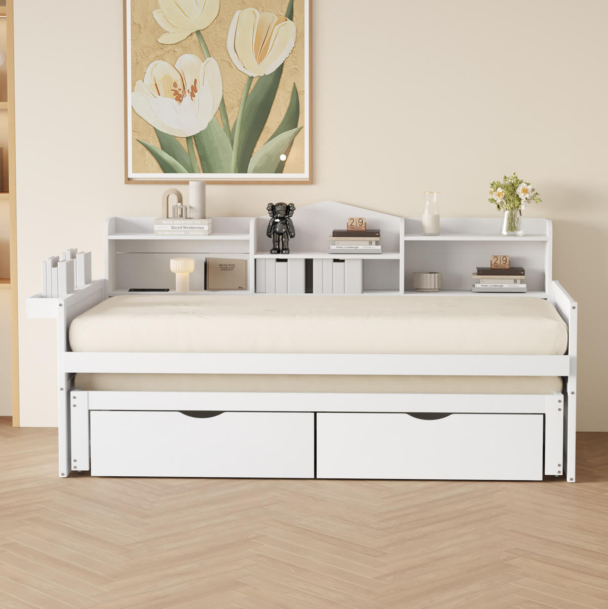 BETT 90/200 cm aus Holz mit Ausziehbett, Weiß - Weiß, Holz (90/200cm) - OKMYHOME