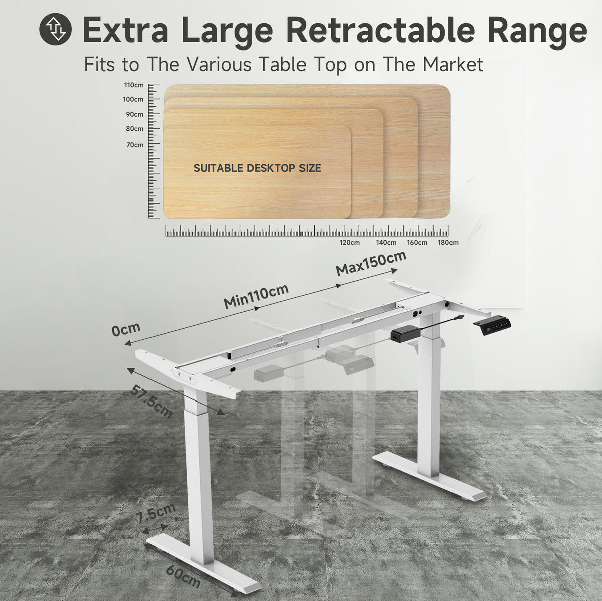 KLAPPTISCH Schreibtischgestell 58/180 cm in Weiß – elektrisch, mit 4 Speicherplätzen - Weiß, Metall (57.5/180/119cm) - BEAOK