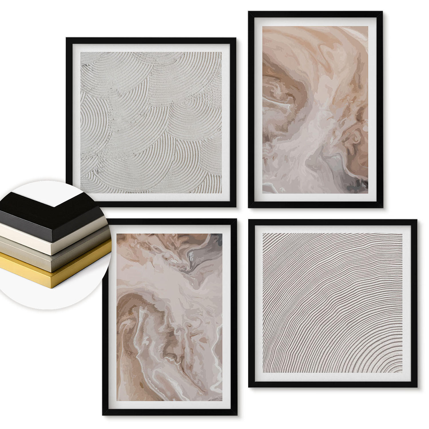 WANDBILDER 4er-Set - 50x50 cm & 40x60 cm Schwarzer Rahmen - Marmorstein-Texturmuster - Schwarz, Kunststoff (50/50cm) - ArtPrintCave