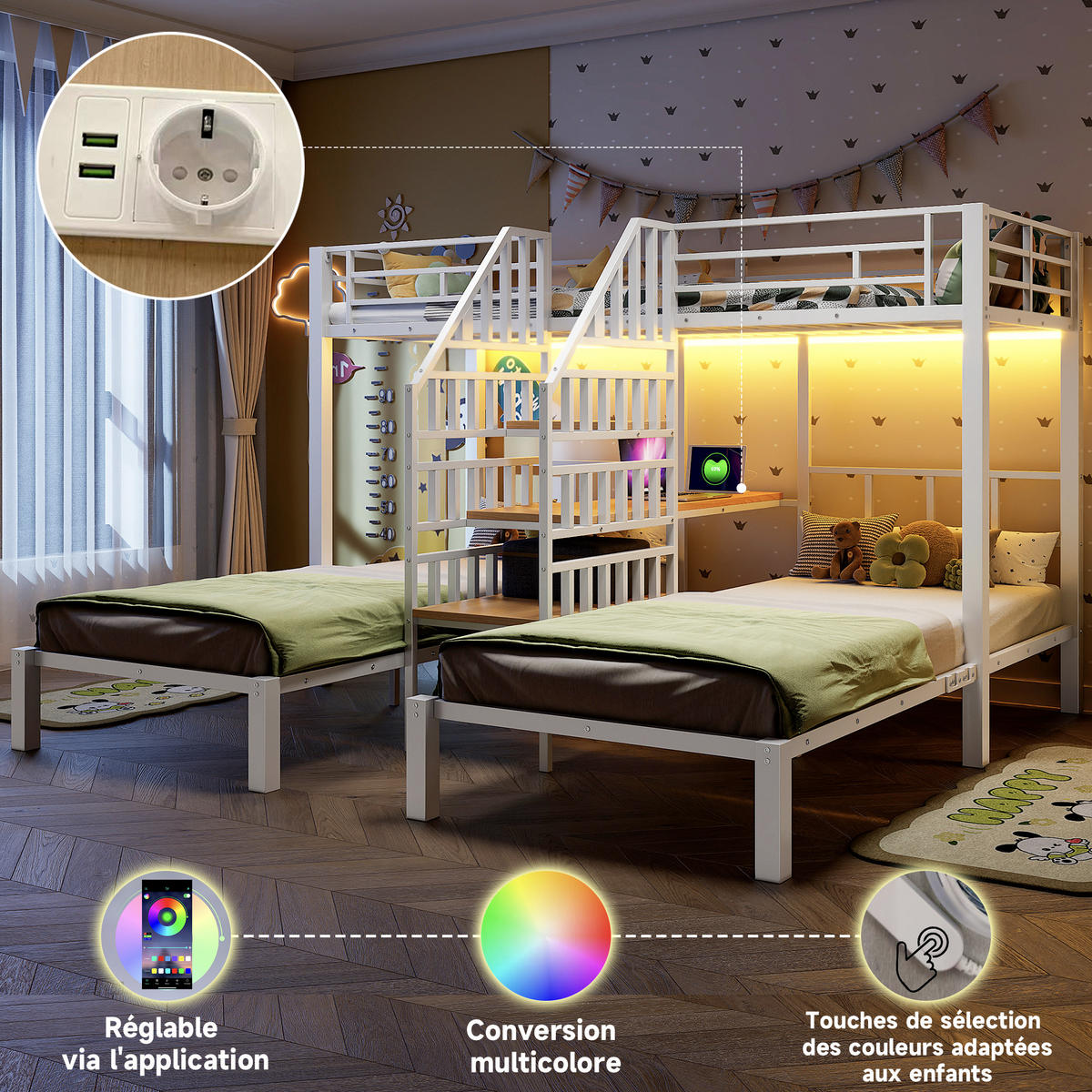 ETAGENBETT Kinder 90x200 Weiß mit LED, Leiter, Schreibtisch und Stauraum - Weiß, Metall (90/200cm) - ComfortXL