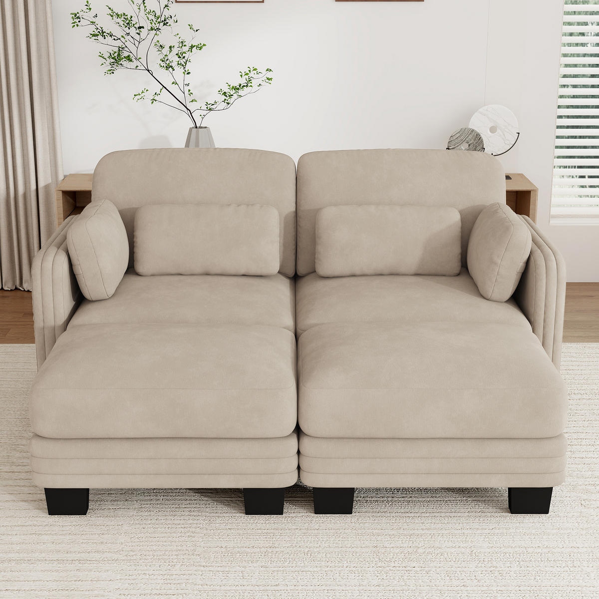 2-SITZER-SOFA mit 2 Ottomanen, DE-42686, Hellbraun - Hellbraun, Holz (176/88/143cm) - ComfortXL